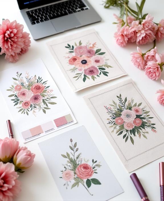 A moodboard showing floral swatches, fabric, and design sketches for an event.