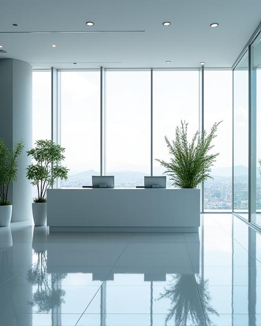 A sleek and modern floral display at a corporate reception desk.