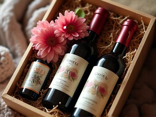 A close-up of a curated gift hamper with wine and flowers.