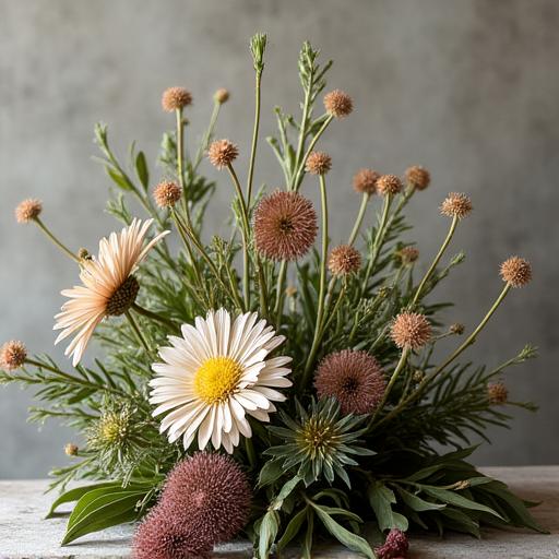A rustic arrangement featuring New Zealand native flowers and foliage.
