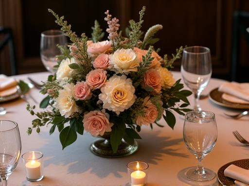 An elegant table centerpiece for a dinner event.