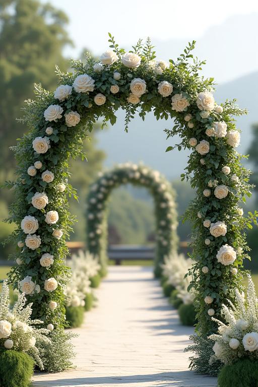 A beautiful wedding arch adorned with white roses and eucalyptus.