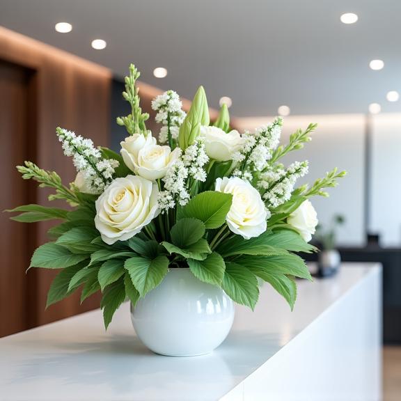 A modern floral arrangement in a corporate reception area.