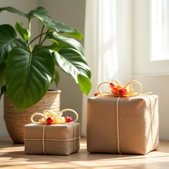A lush green indoor plant next to a beautifully wrapped gift hamper.