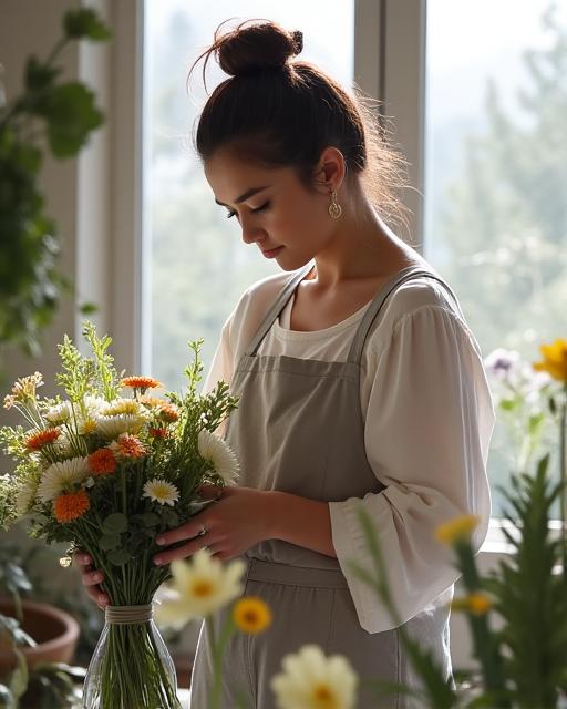 A florist at Koru Blooms carefully arranging a bouquet.